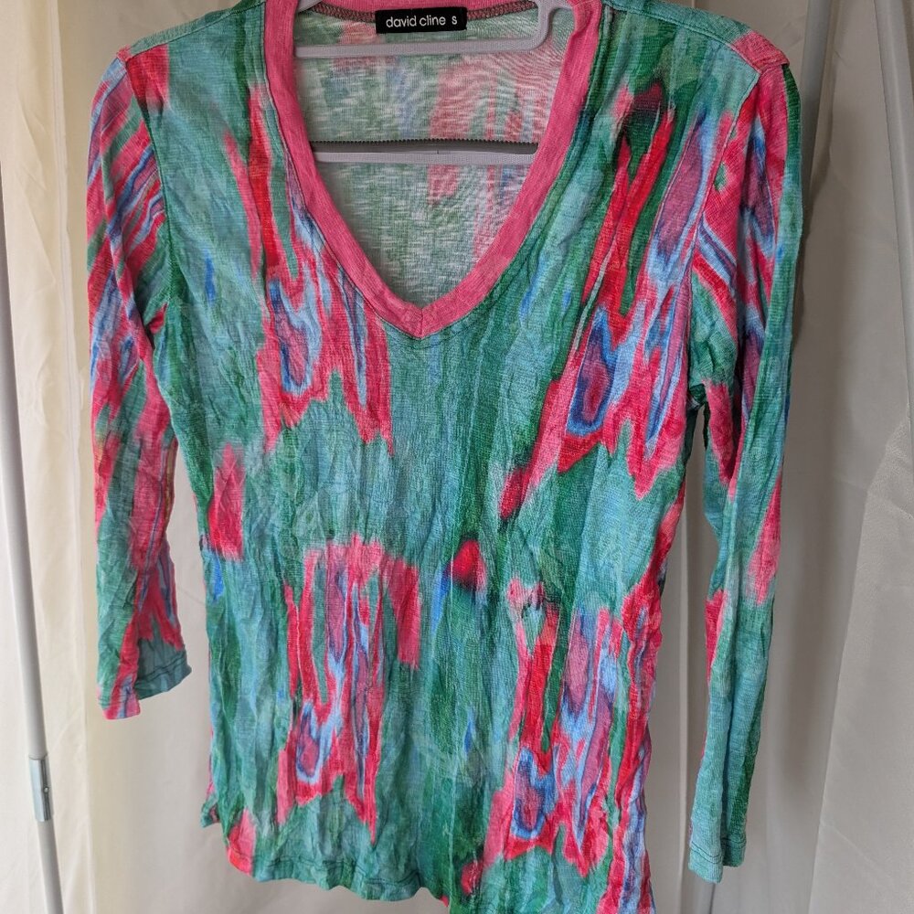 David Cline S Vibrant Abstract Print Top • Turquoise Pink Artsy Boho 3/4 Sleev